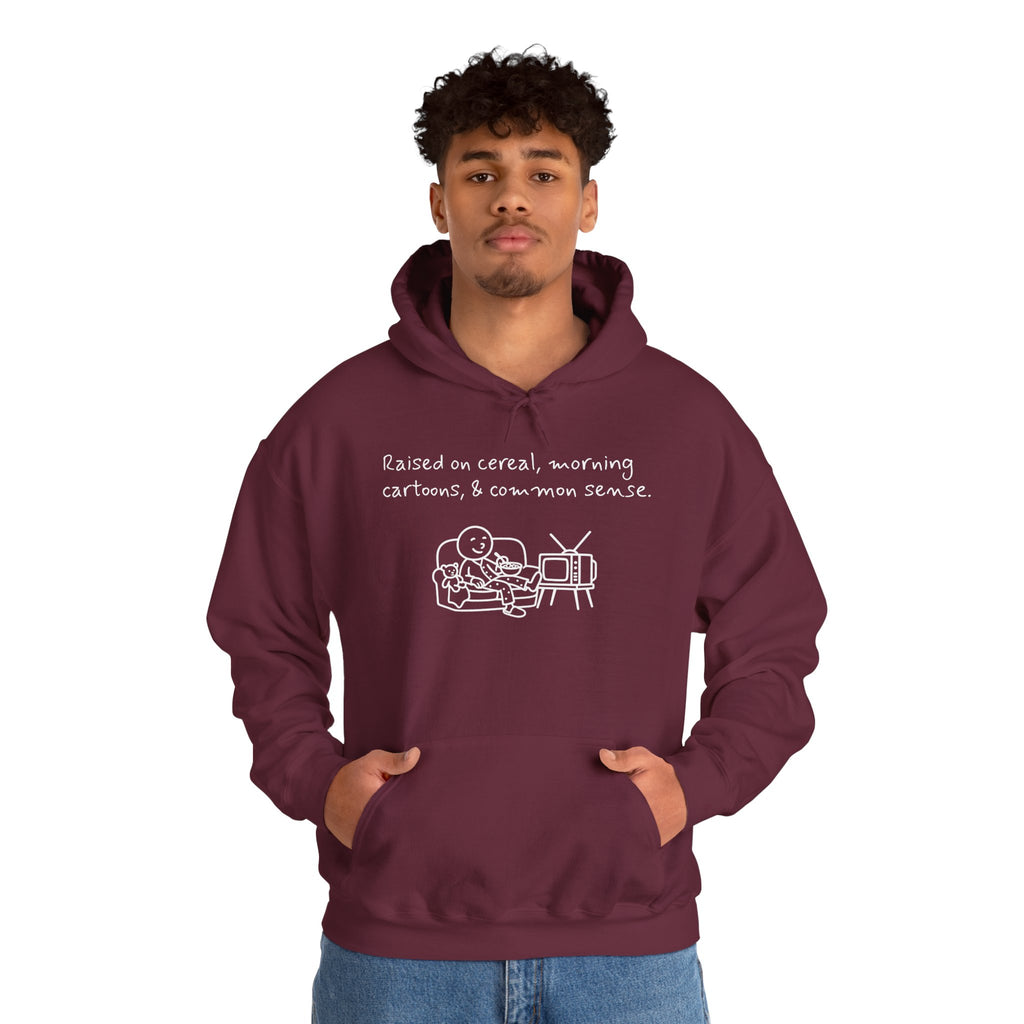 Cartoon & Caption Heavy Blend Hoodie - Raised on Cereal & Morning Cartoons