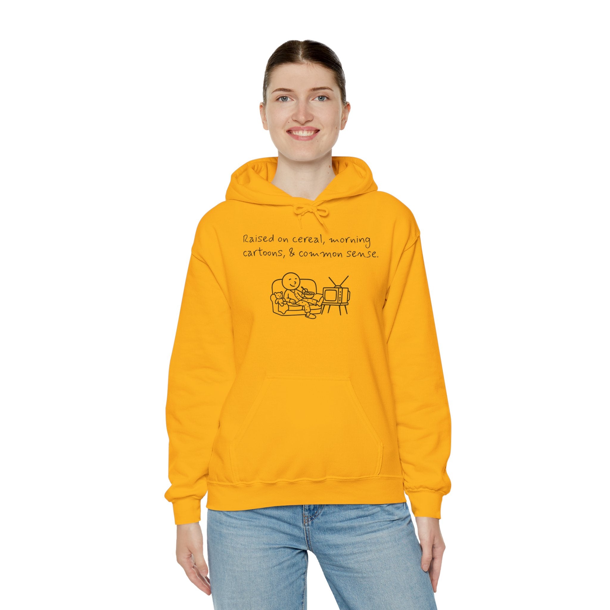 Cartoon & Caption Heavy Blend Hoodie - Raised on Cereal & Morning Cartoons