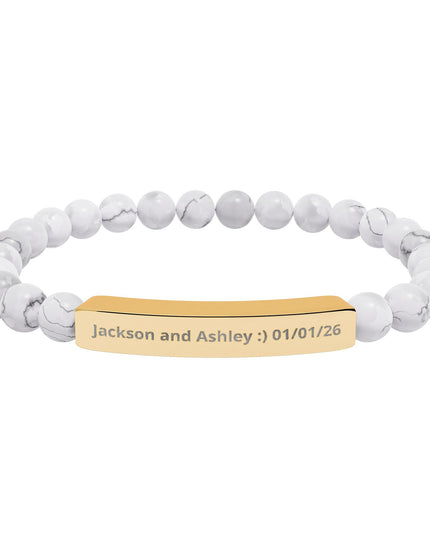 Engraved Natural Stone Stretch Bar Bracelet — Personalized Beaded Bracelet for Couples & Moms