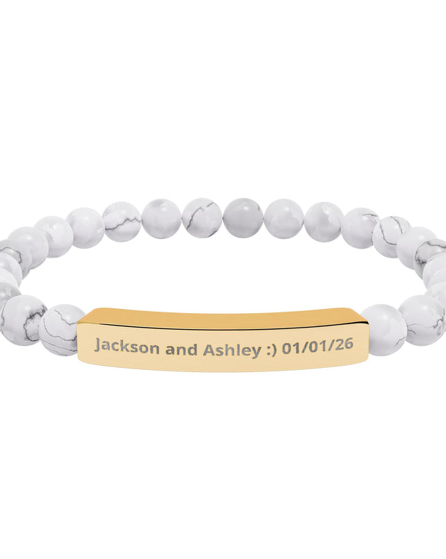 Engraved Natural Stone Stretch Bar Bracelet — Personalized Beaded Bracelet for Couples & Moms