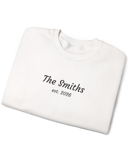 Personalized Family Crewneck Sweatshirt – “The Smiths est. 2026” Minimal Name Sweatshirt