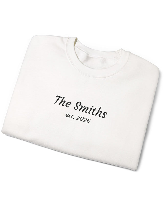 Personalized Family Crewneck Sweatshirt – “The Smiths est. 2026” Minimal Name Sweatshirt