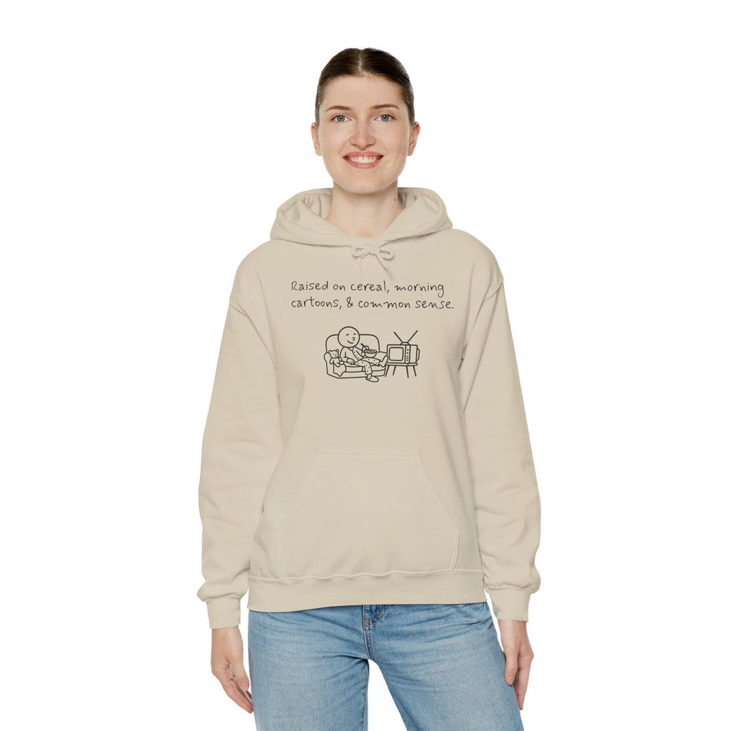 Cartoon & Caption Heavy Blend Hoodie - Raised on Cereal & Morning Cartoons