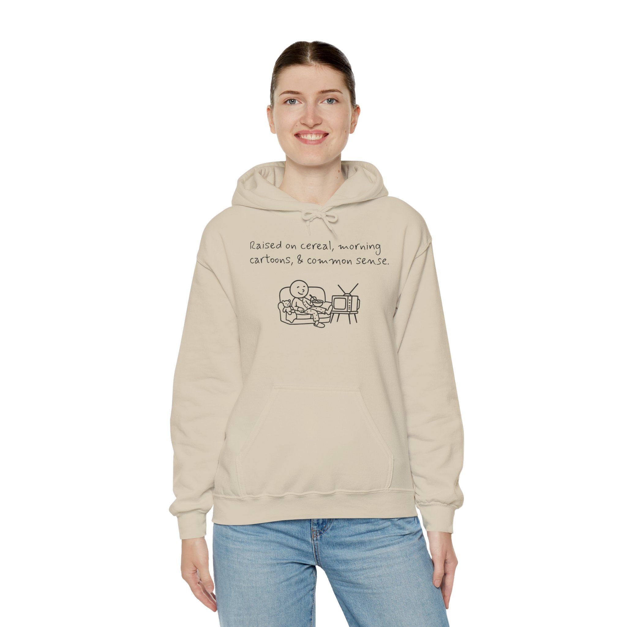 Cartoon & Caption Heavy Blend Hoodie - Raised on Cereal & Morning Cartoons