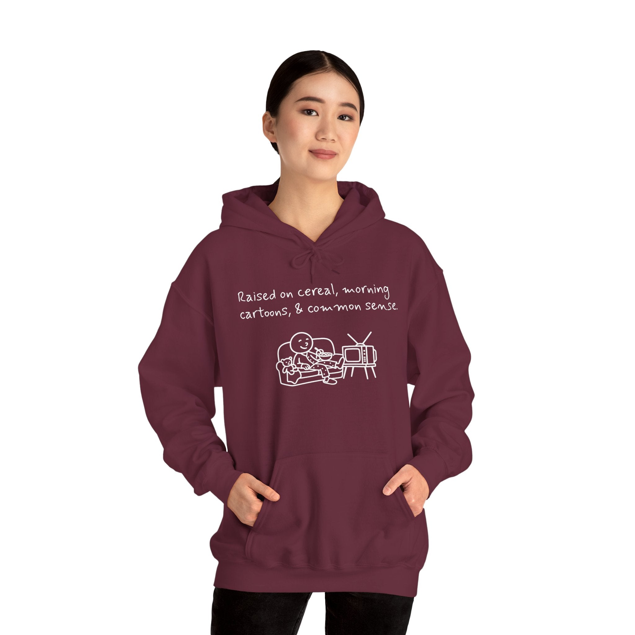 Cartoon & Caption Heavy Blend Hoodie - Raised on Cereal & Morning Cartoons