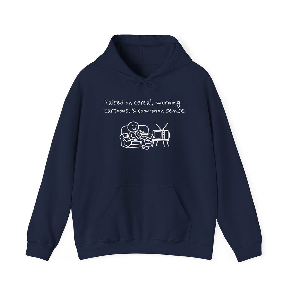 Cartoon & Caption Heavy Blend Hoodie - Raised on Cereal & Morning Cartoons