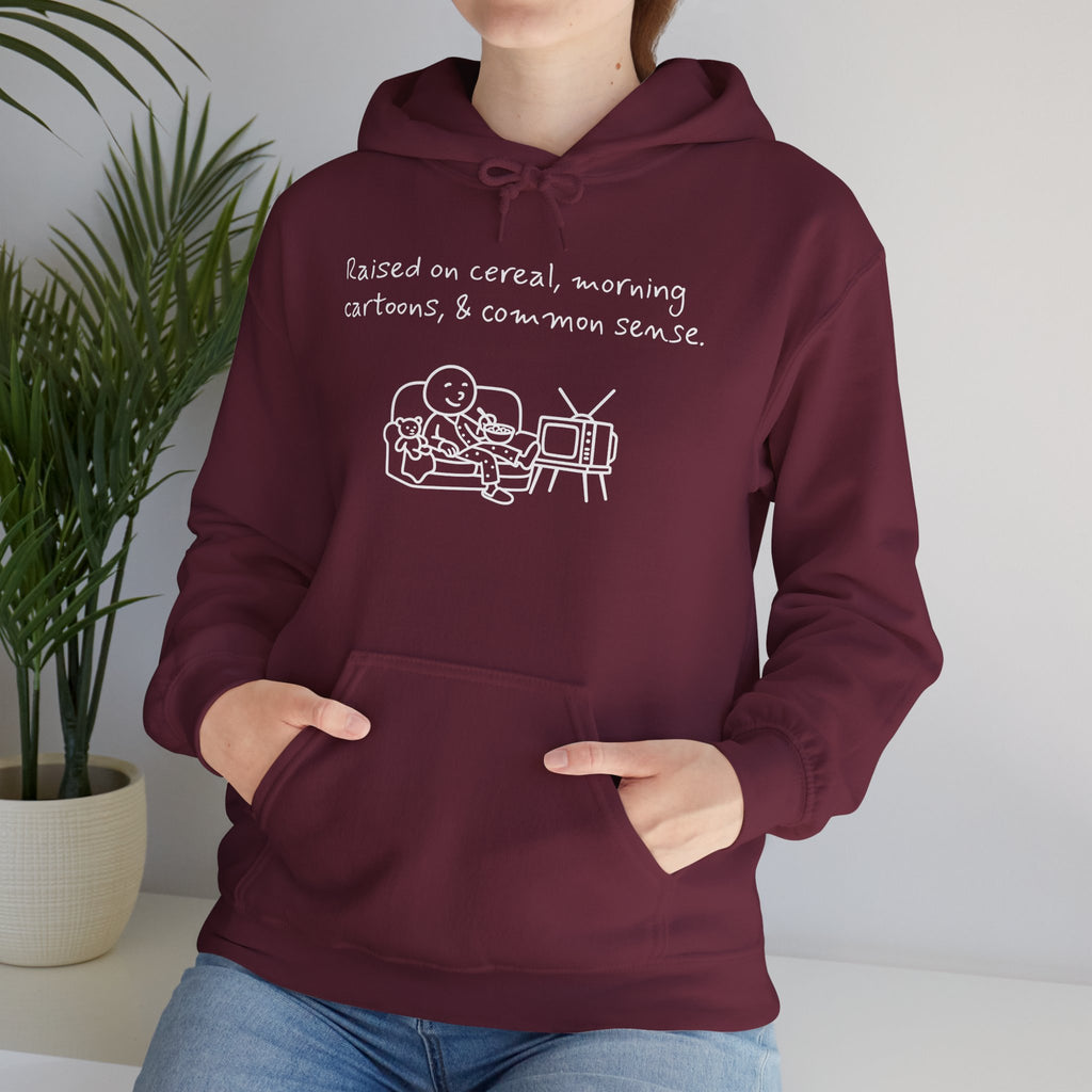 Cartoon & Caption Heavy Blend Hoodie - Raised on Cereal & Morning Cartoons
