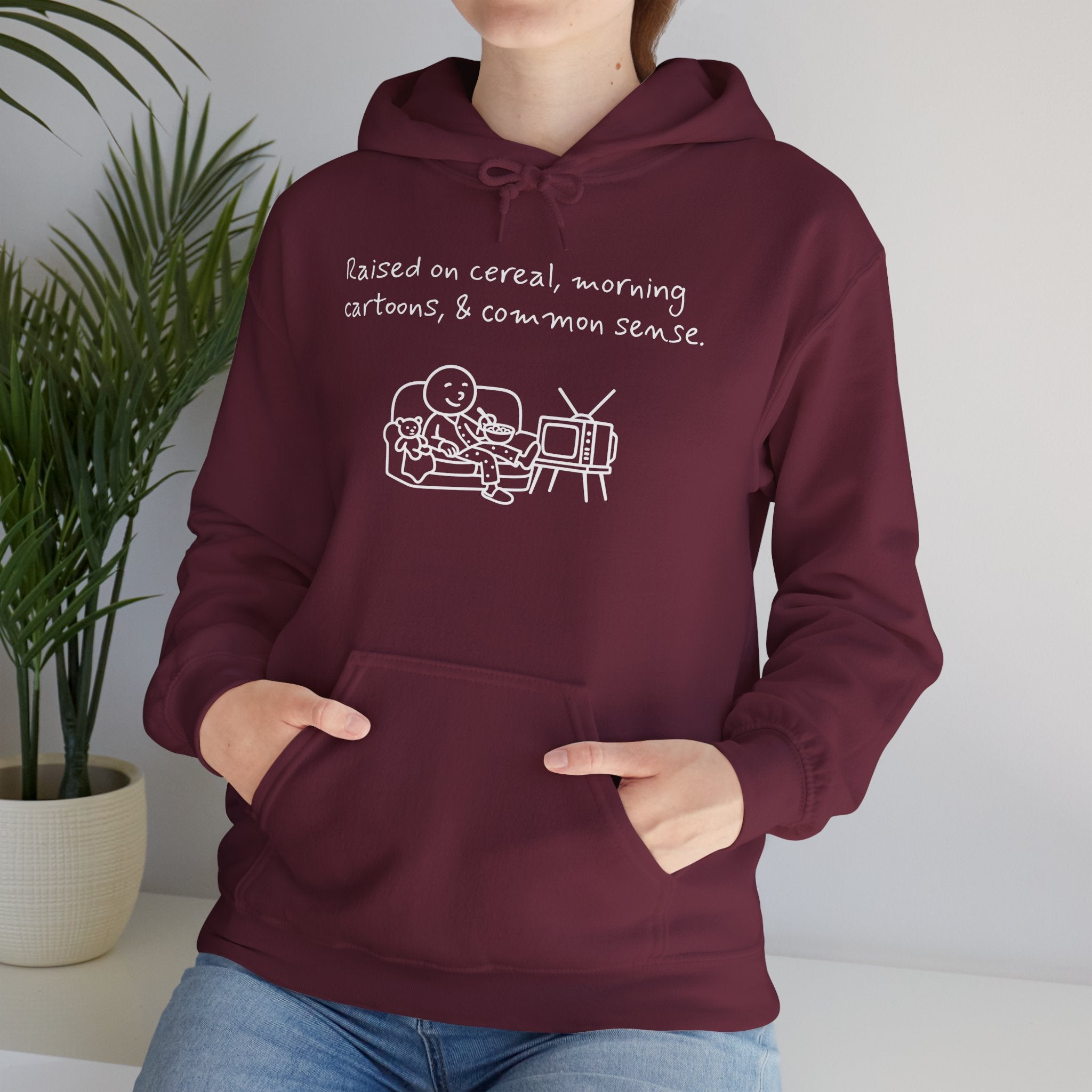 Cartoon & Caption Heavy Blend Hoodie - Raised on Cereal & Morning Cartoons