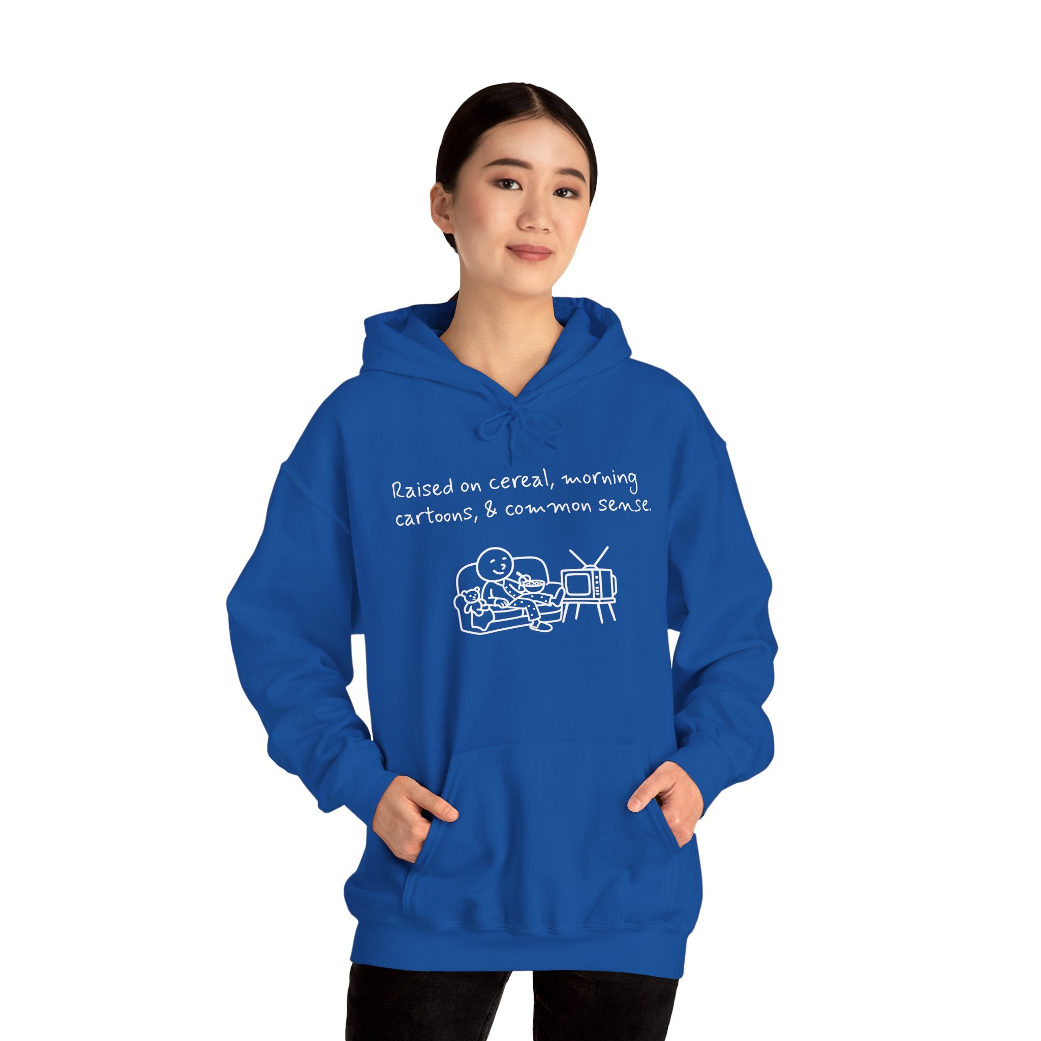 Cartoon & Caption Heavy Blend Hoodie - Raised on Cereal & Morning Cartoons