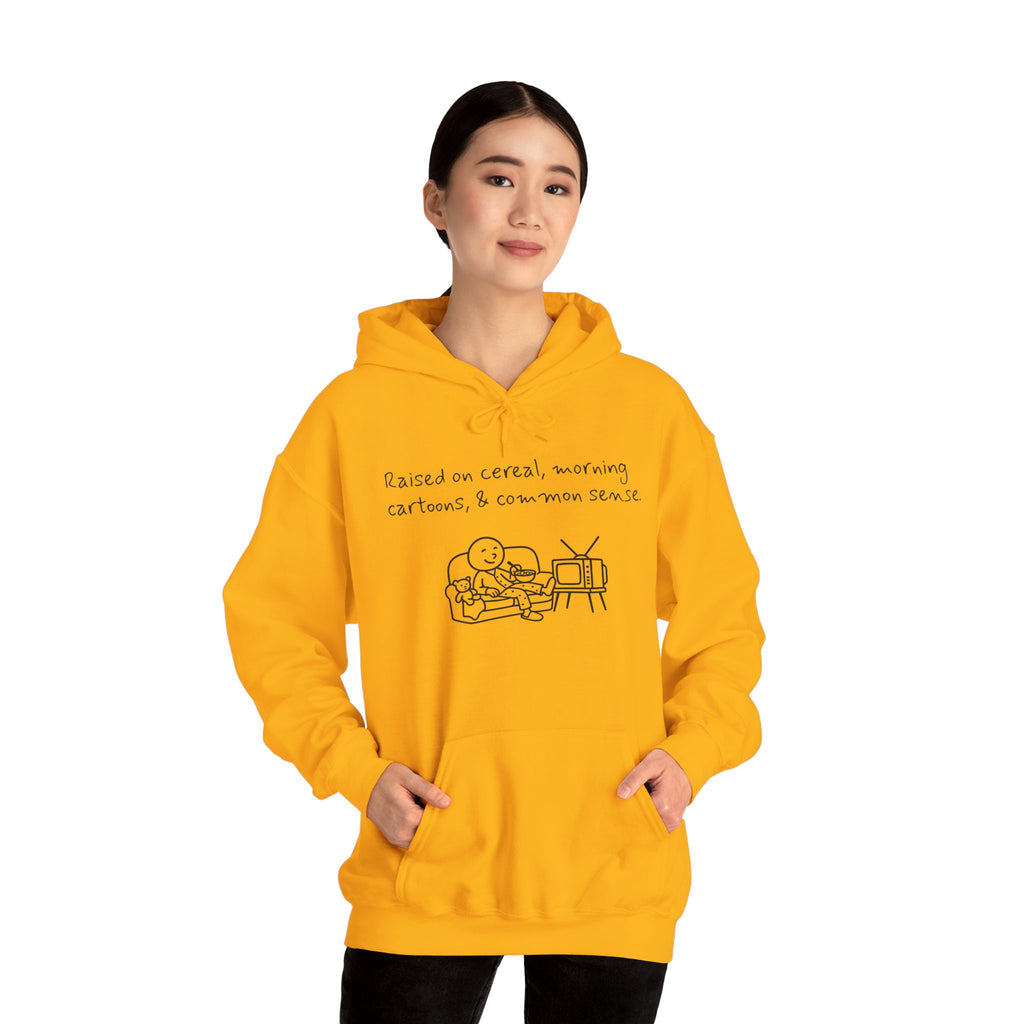 Cartoon & Caption Heavy Blend Hoodie - Raised on Cereal & Morning Cartoons