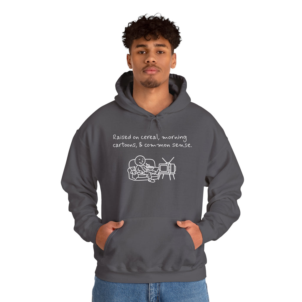 Cartoon & Caption Heavy Blend Hoodie - Raised on Cereal & Morning Cartoons