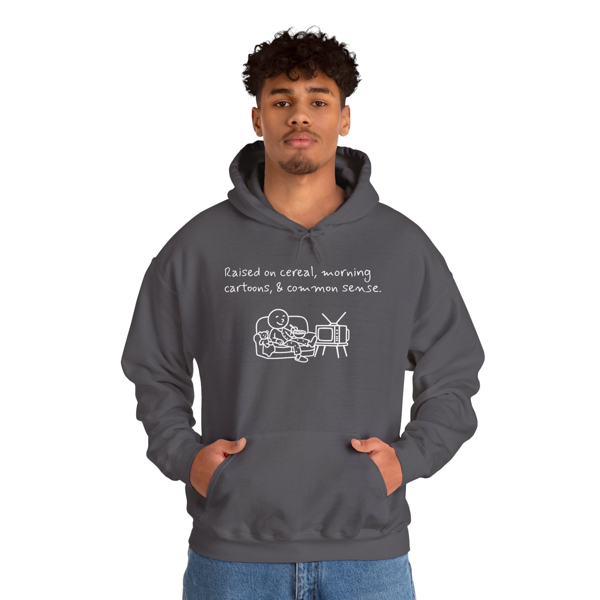 Cartoon & Caption Heavy Blend Hoodie - Raised on Cereal & Morning Cartoons