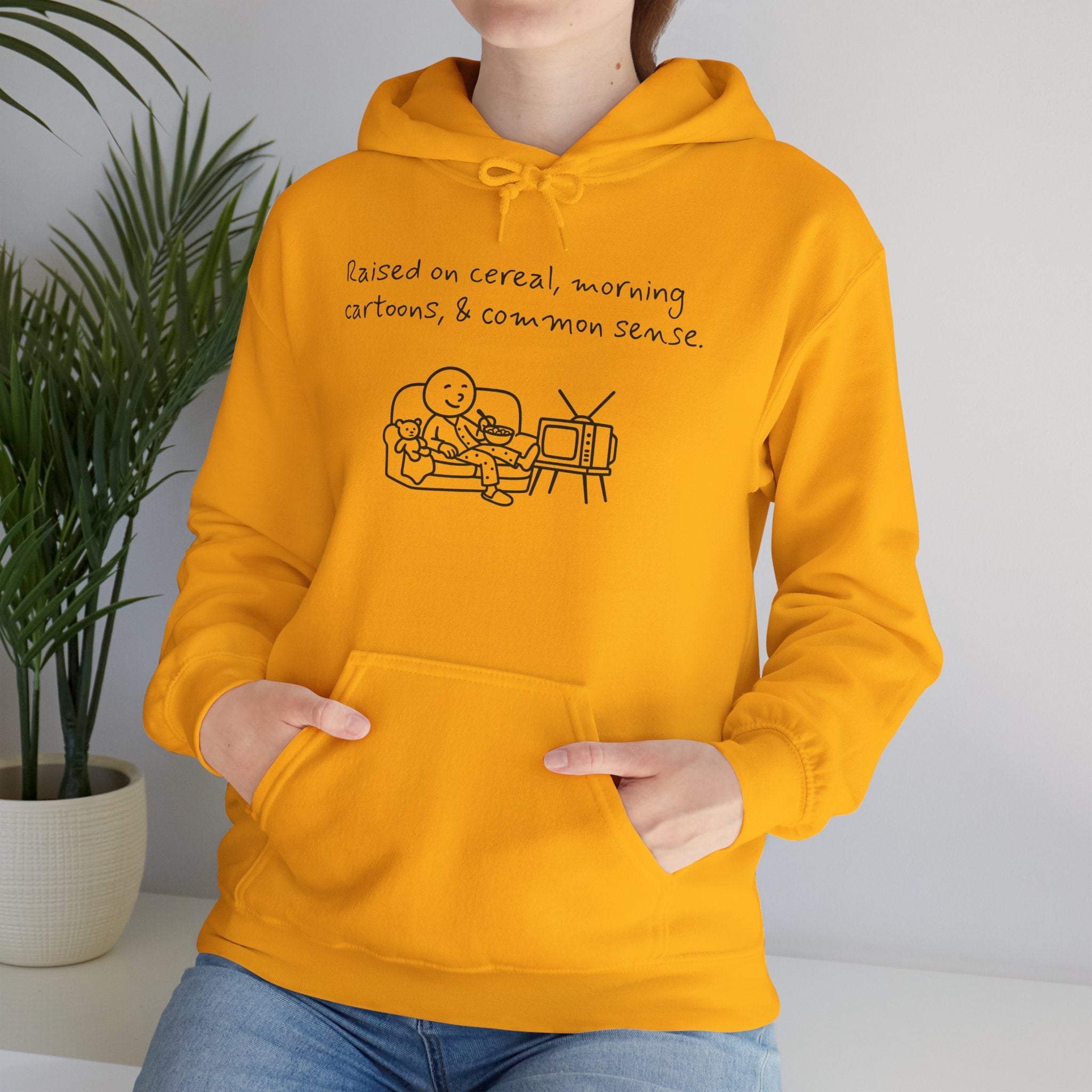 Cartoon & Caption Heavy Blend Hoodie - Raised on Cereal & Morning Cartoons
