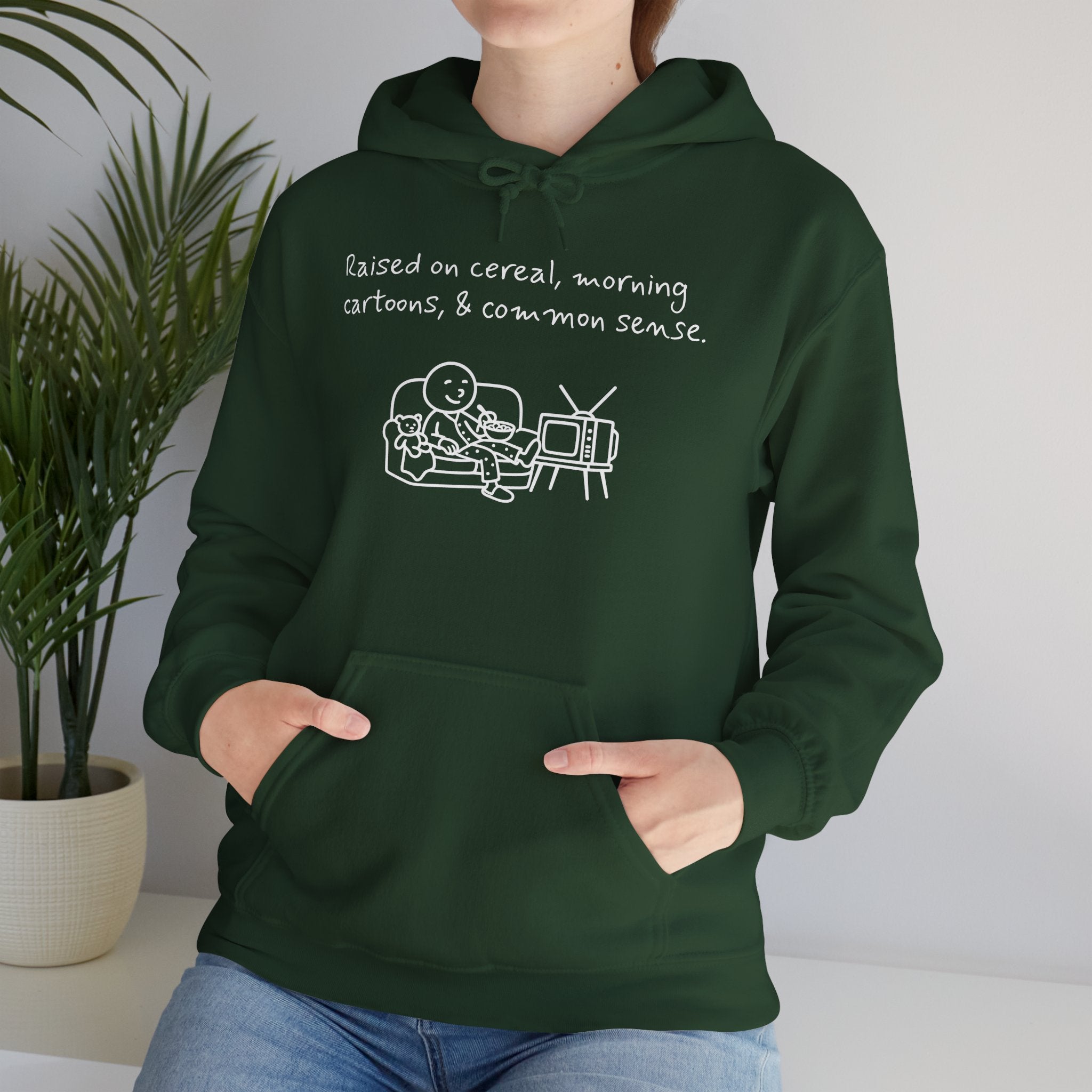 Cartoon & Caption Heavy Blend Hoodie - Raised on Cereal & Morning Cartoons