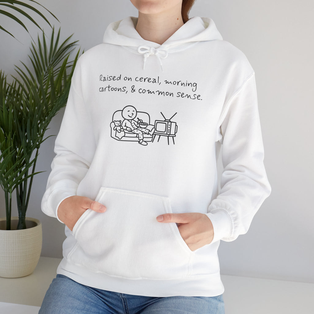 Cartoon & Caption Heavy Blend Hoodie - Raised on Cereal & Morning Cartoons