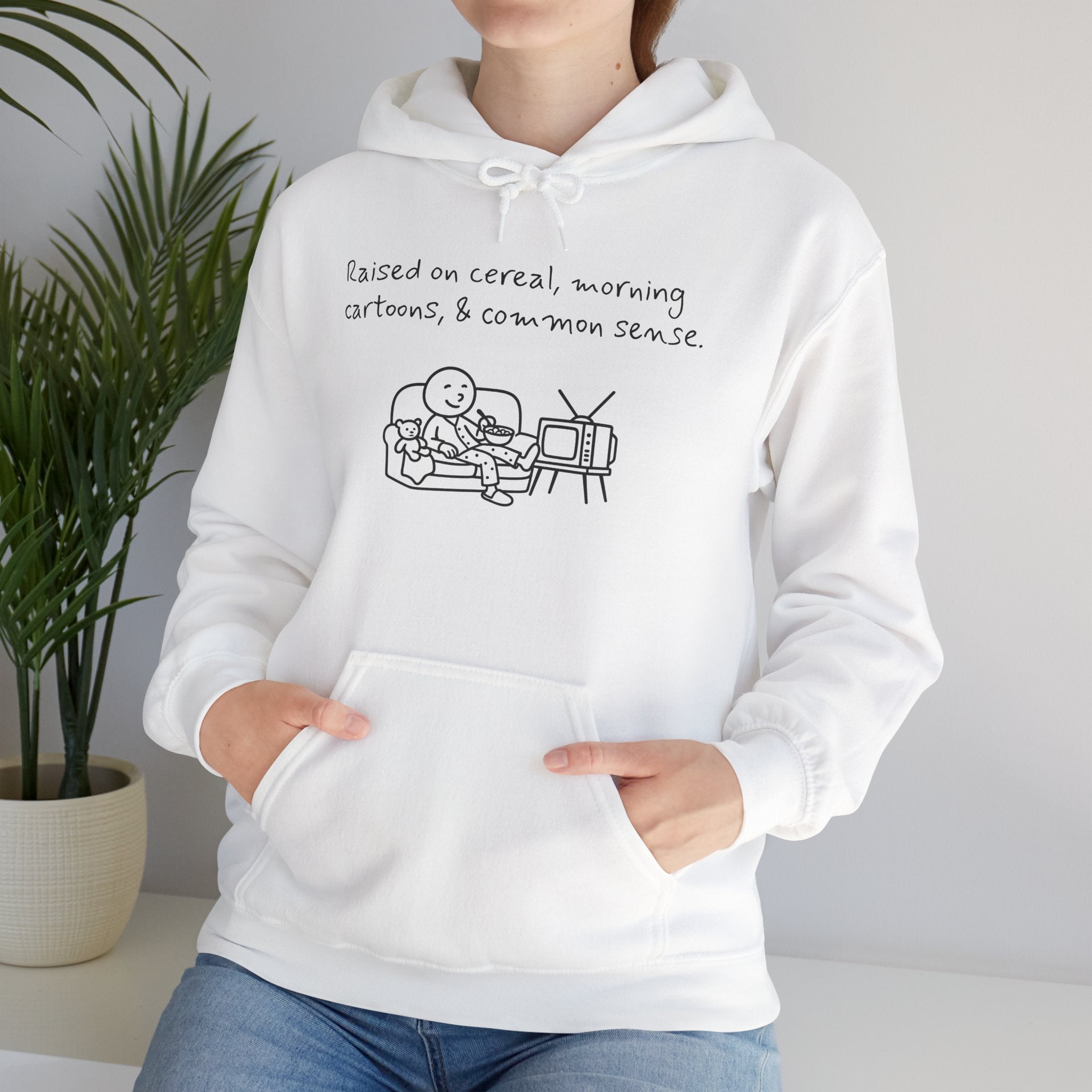 Cartoon & Caption Heavy Blend Hoodie - Raised on Cereal & Morning Cartoons
