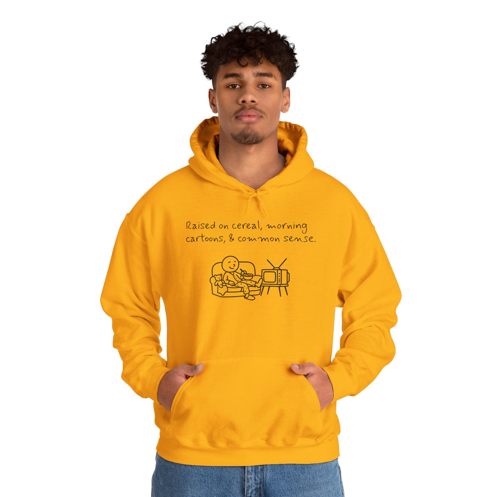Cartoon & Caption Heavy Blend Hoodie - Raised on Cereal & Morning Cartoons