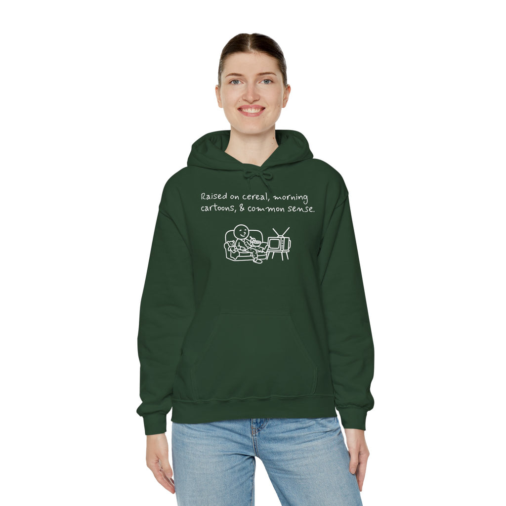 Cartoon & Caption Heavy Blend Hoodie - Raised on Cereal & Morning Cartoons