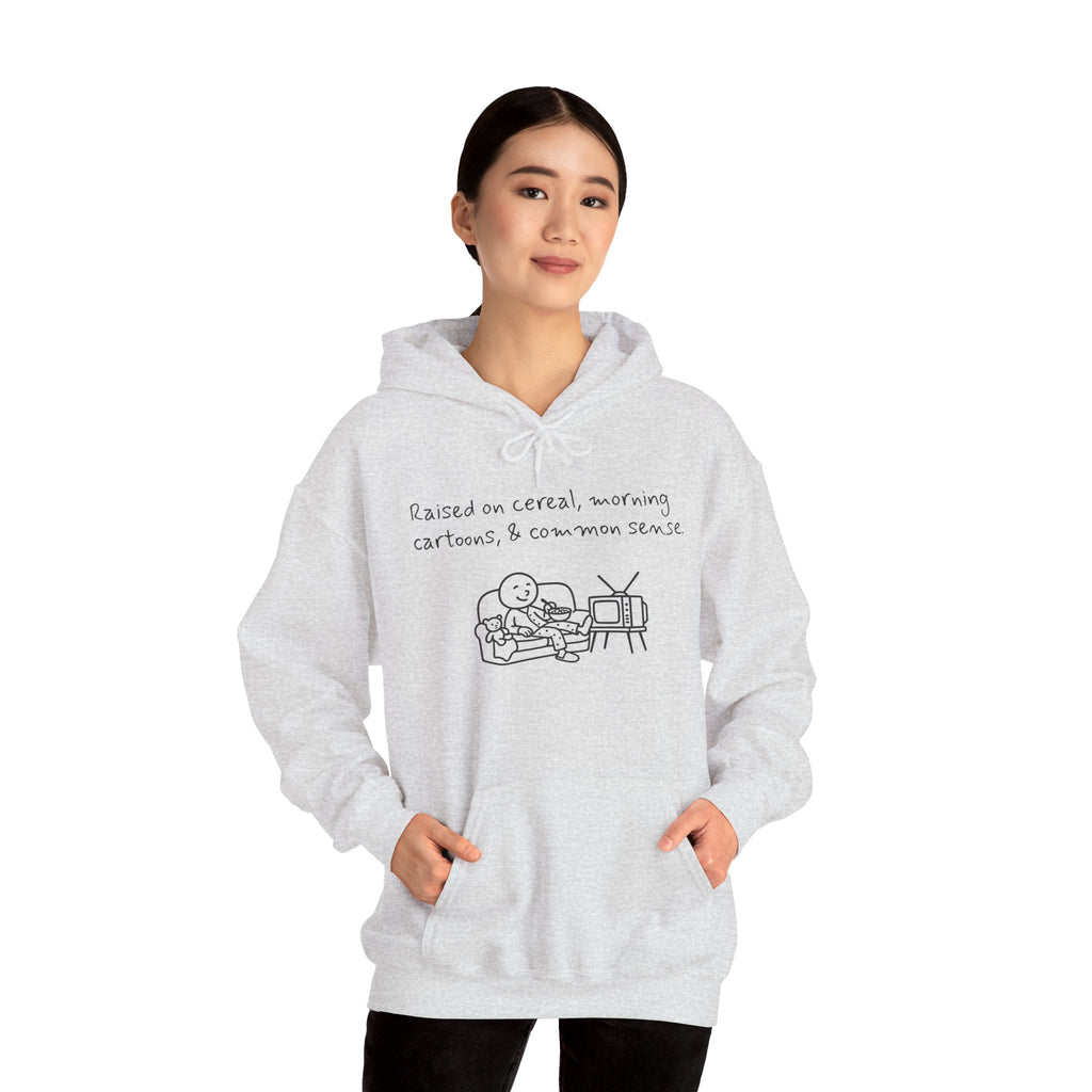 Cartoon & Caption Heavy Blend Hoodie - Raised on Cereal & Morning Cartoons