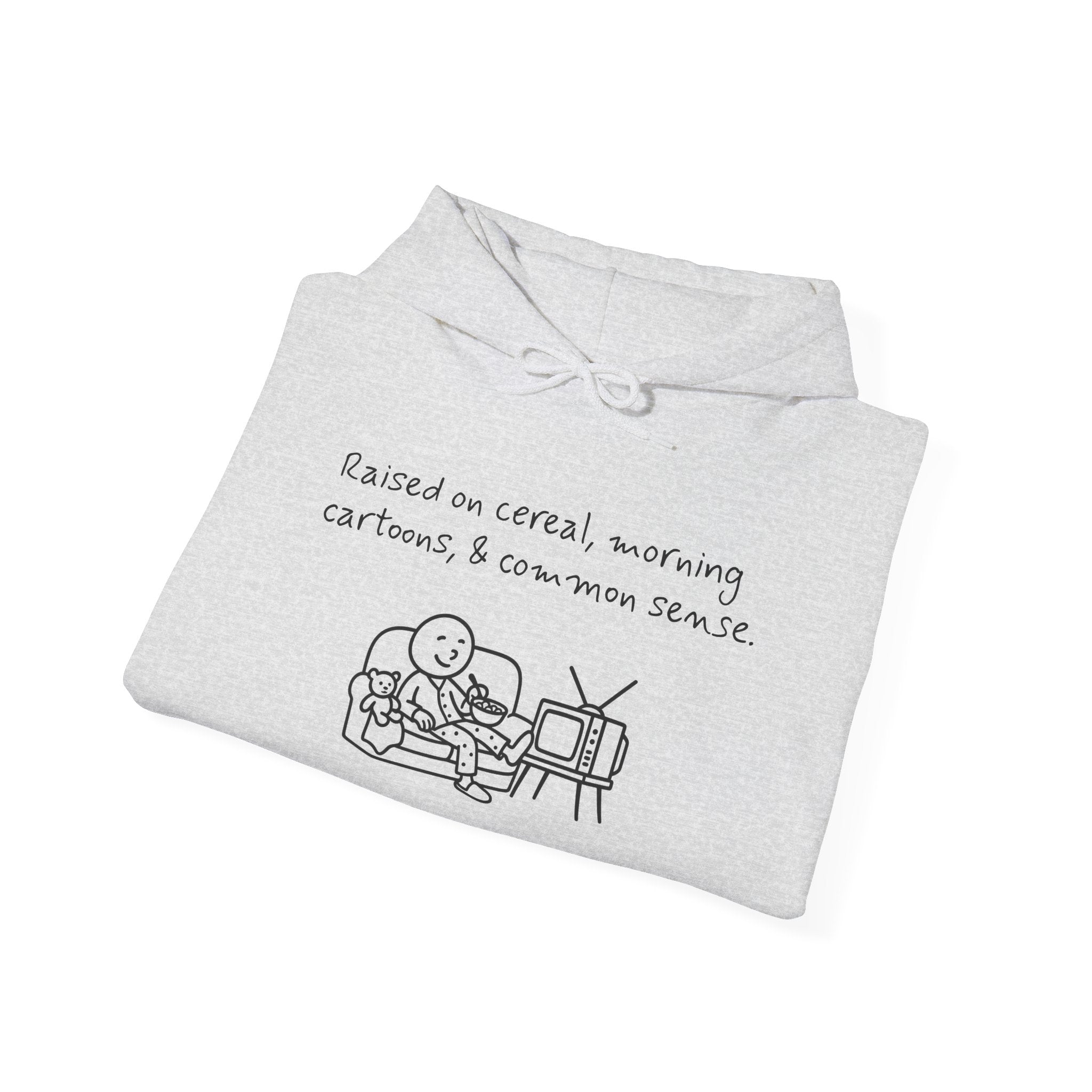 Cartoon & Caption Heavy Blend Hoodie - Raised on Cereal & Morning Cartoons