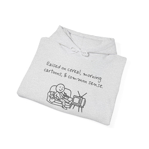 Cartoon & Caption Heavy Blend Hoodie - Raised on Cereal & Morning Cartoons