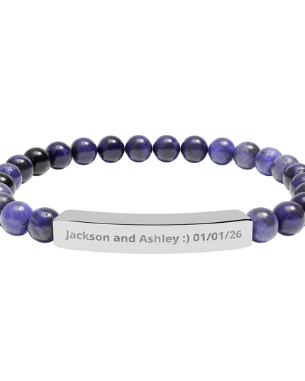 Engraved Natural Stone Stretch Bar Bracelet — Personalized Beaded Bracelet for Couples & Moms