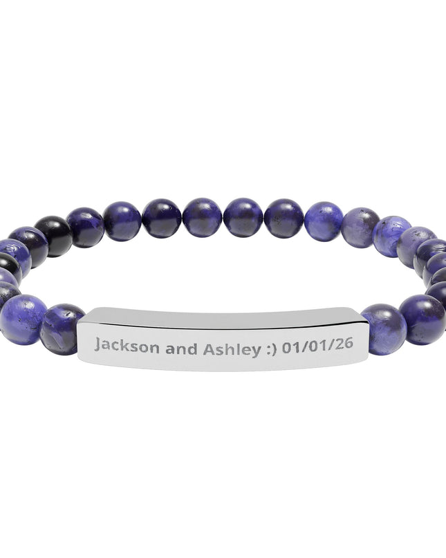 Engraved Natural Stone Stretch Bar Bracelet — Personalized Beaded Bracelet for Couples & Moms