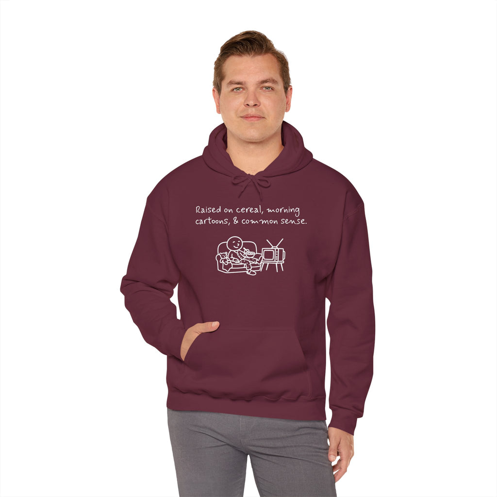 Cartoon & Caption Heavy Blend Hoodie - Raised on Cereal & Morning Cartoons