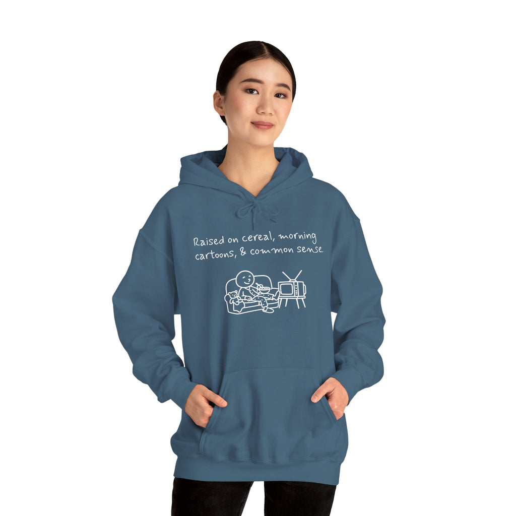 Cartoon & Caption Heavy Blend Hoodie - Raised on Cereal & Morning Cartoons
