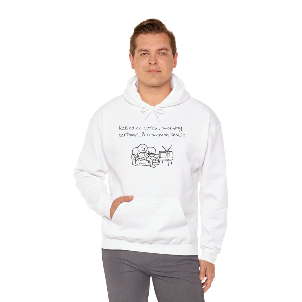 Cartoon & Caption Heavy Blend Hoodie - Raised on Cereal & Morning Cartoons