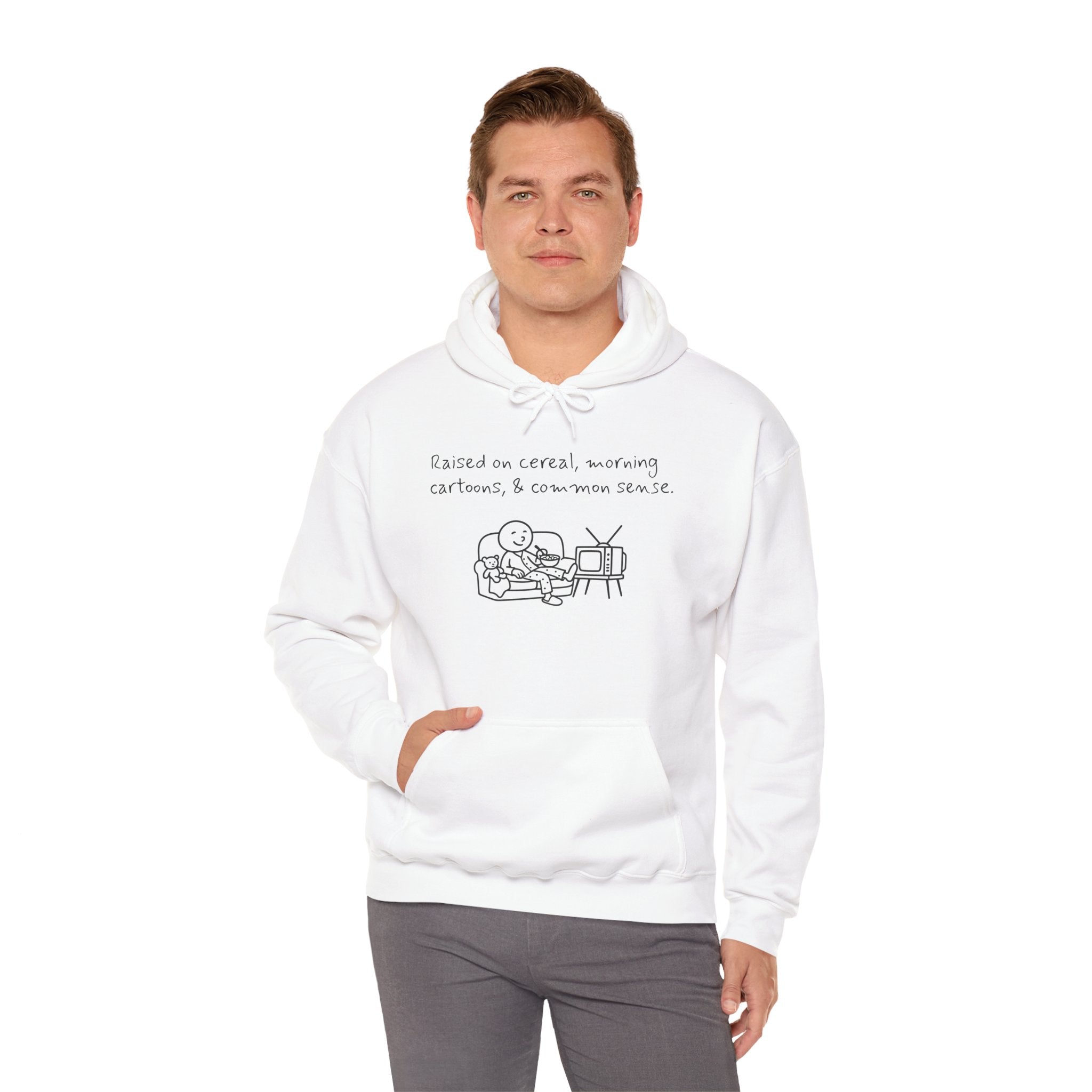 Cartoon & Caption Heavy Blend Hoodie - Raised on Cereal & Morning Cartoons