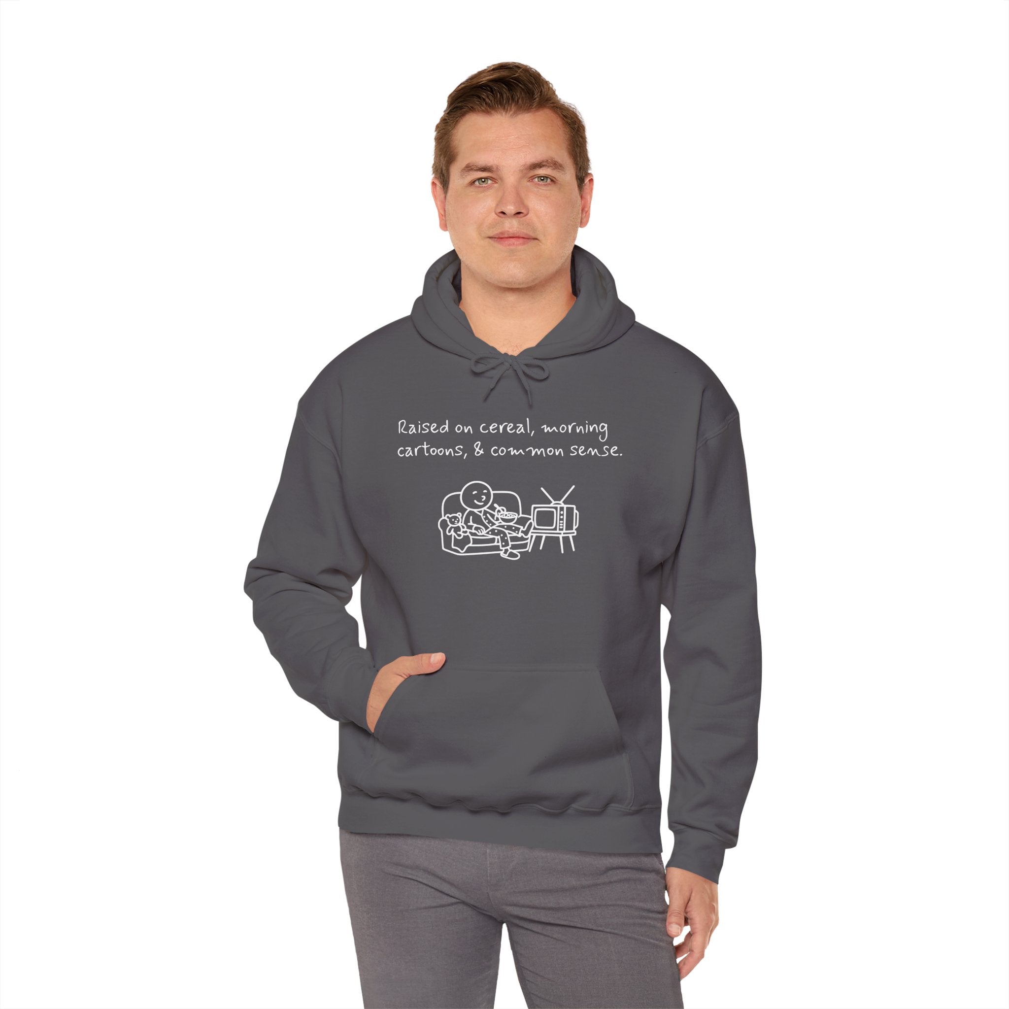 Cartoon & Caption Heavy Blend Hoodie - Raised on Cereal & Morning Cartoons