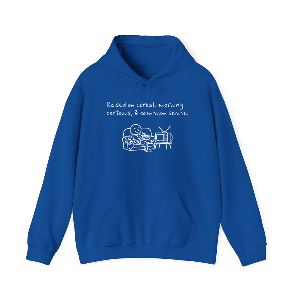 Cartoon & Caption Heavy Blend Hoodie - Raised on Cereal & Morning Cartoons