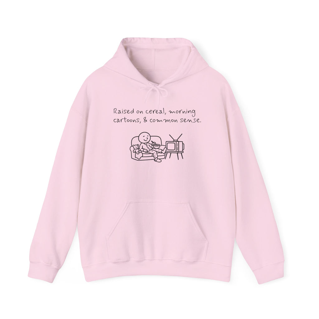 Cartoon & Caption Heavy Blend Hoodie - Raised on Cereal & Morning Cartoons
