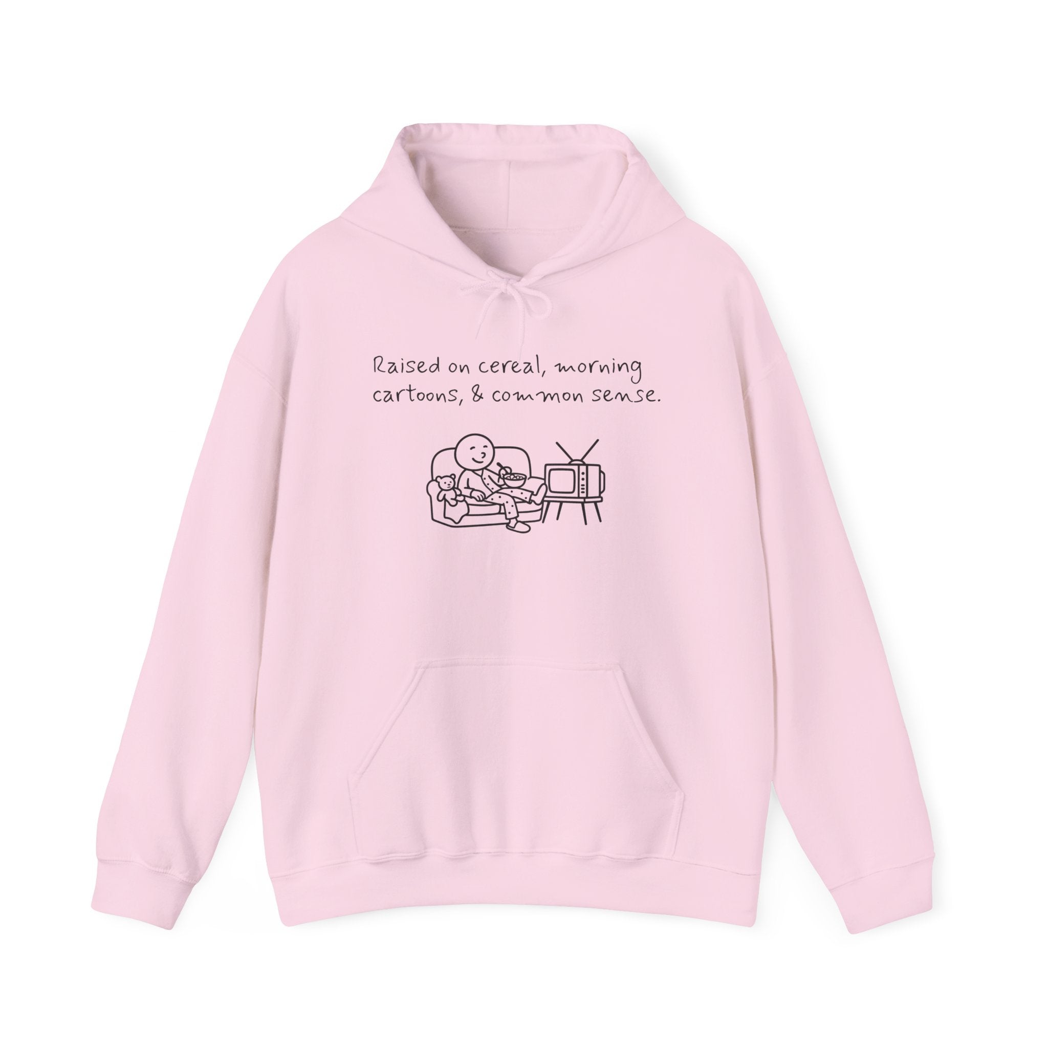 Cartoon & Caption Heavy Blend Hoodie - Raised on Cereal & Morning Cartoons