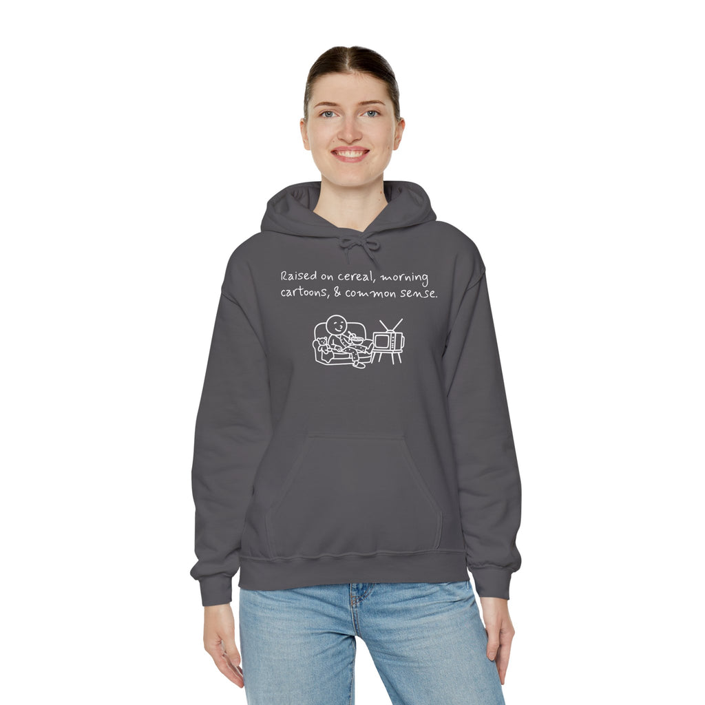 Cartoon & Caption Heavy Blend Hoodie - Raised on Cereal & Morning Cartoons