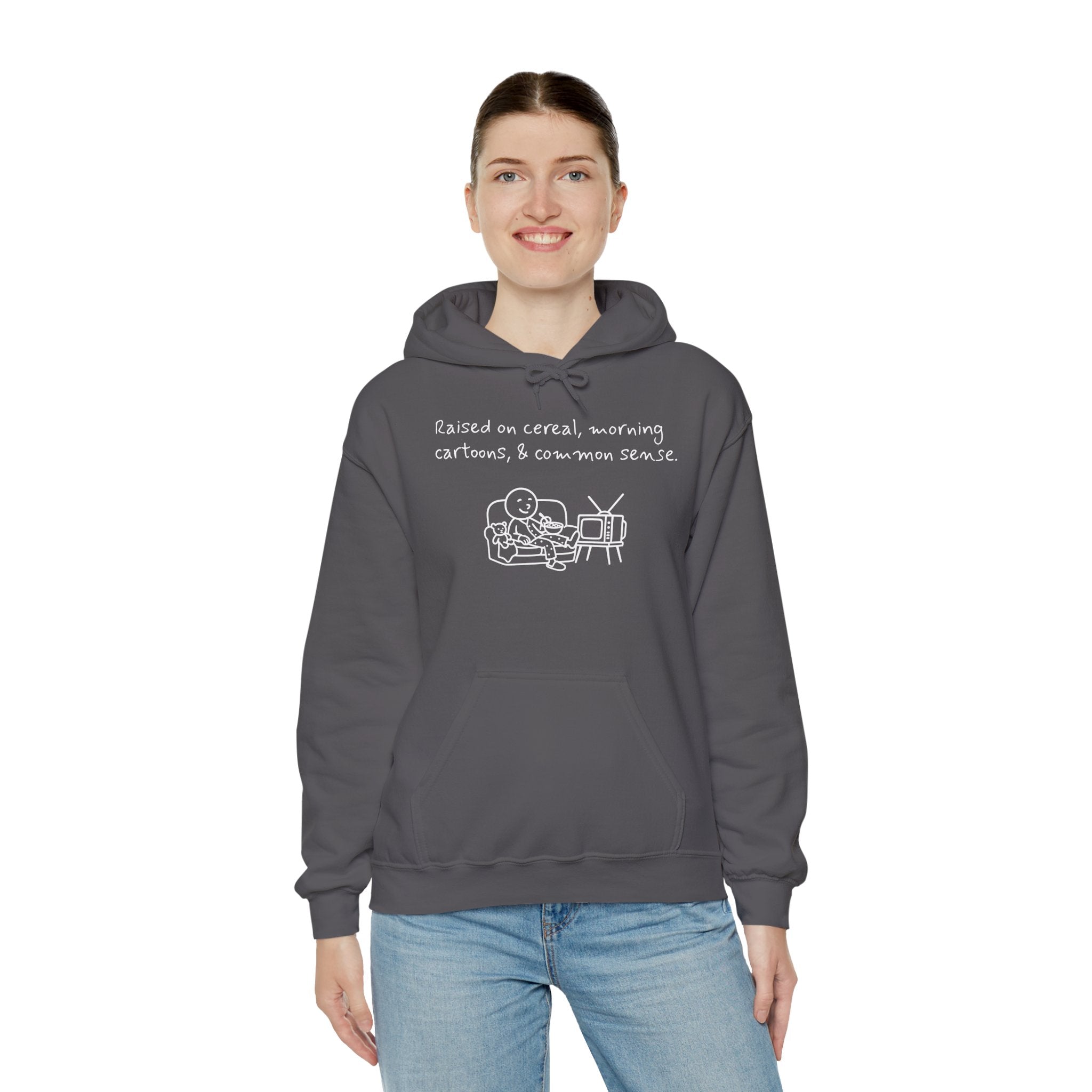 Cartoon & Caption Heavy Blend Hoodie - Raised on Cereal & Morning Cartoons