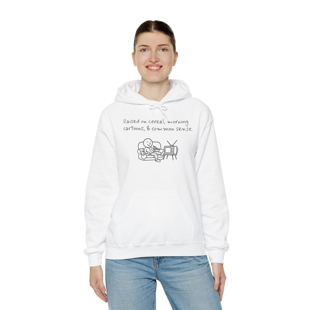 Cartoon & Caption Heavy Blend Hoodie - Raised on Cereal & Morning Cartoons