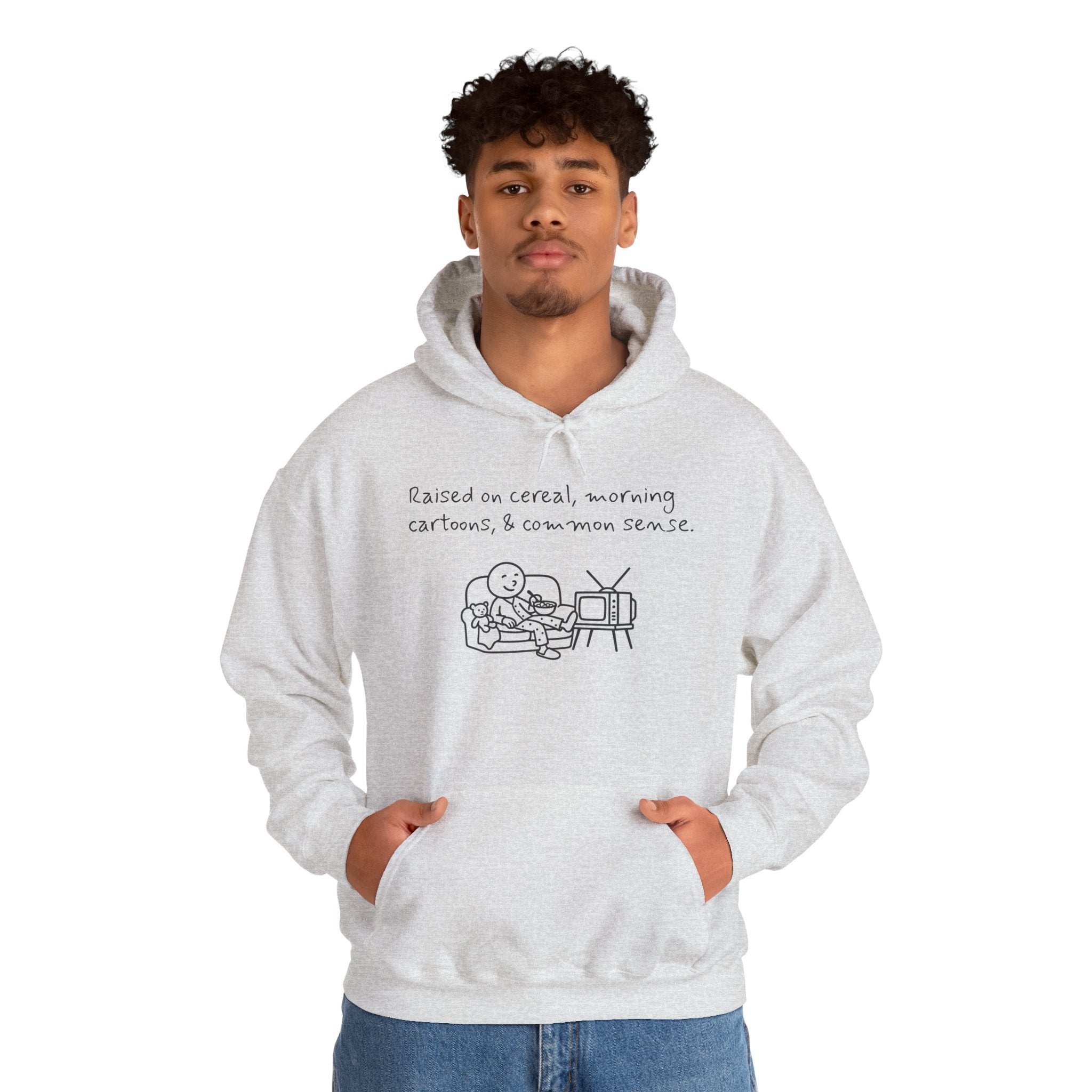 Cartoon & Caption Heavy Blend Hoodie - Raised on Cereal & Morning Cartoons