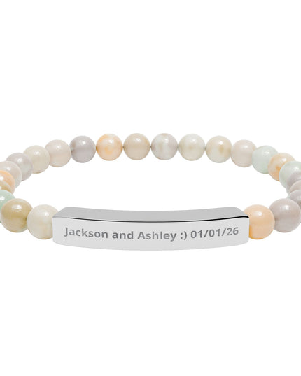 Engraved Natural Stone Stretch Bar Bracelet — Personalized Beaded Bracelet for Couples & Moms