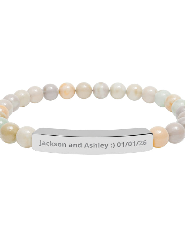 Engraved Natural Stone Stretch Bar Bracelet — Personalized Beaded Bracelet for Couples & Moms