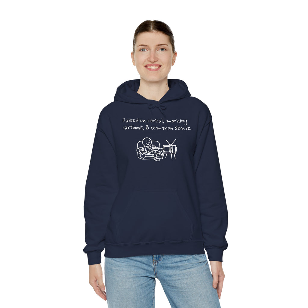 Cartoon & Caption Heavy Blend Hoodie - Raised on Cereal & Morning Cartoons