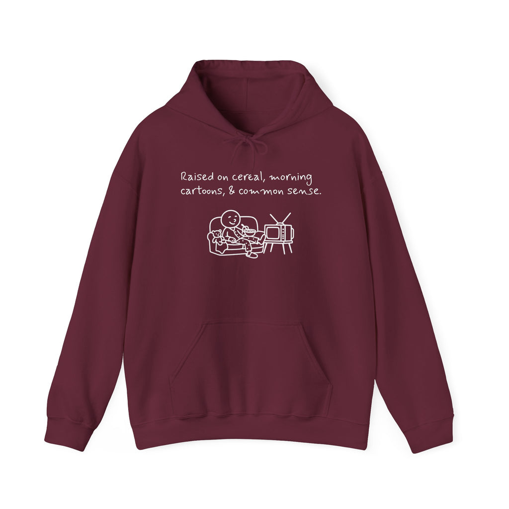 Cartoon & Caption Heavy Blend Hoodie - Raised on Cereal & Morning Cartoons