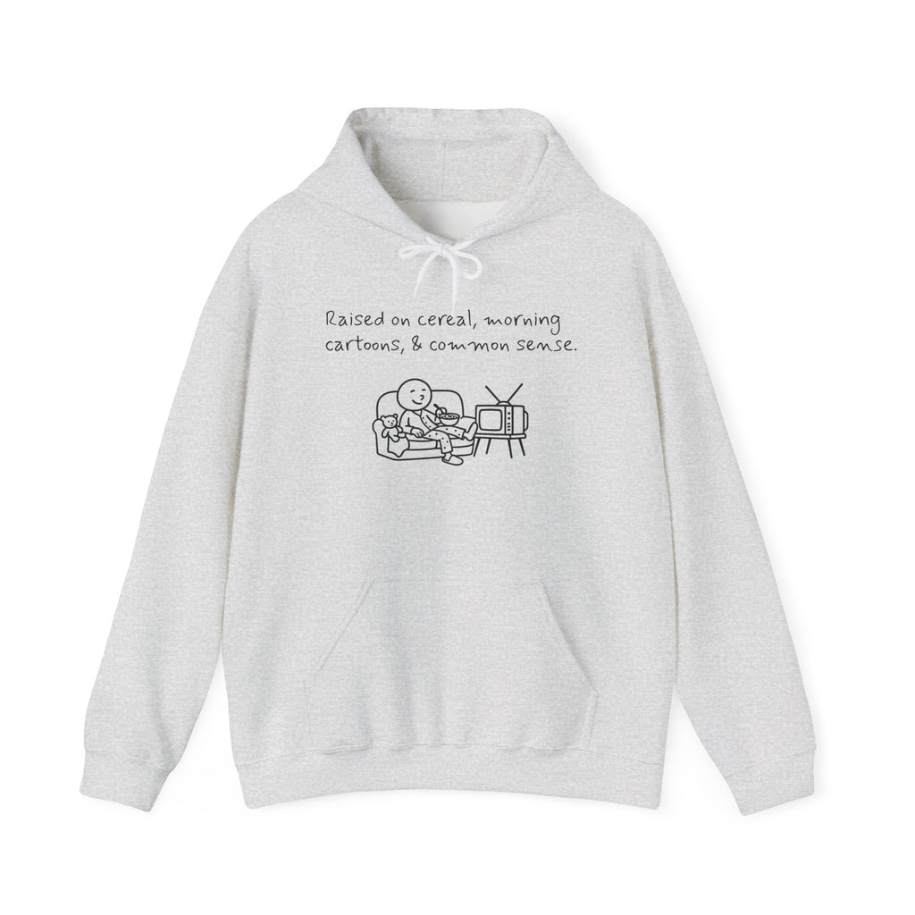 Cartoon & Caption Heavy Blend Hoodie - Raised on Cereal & Morning Cartoons