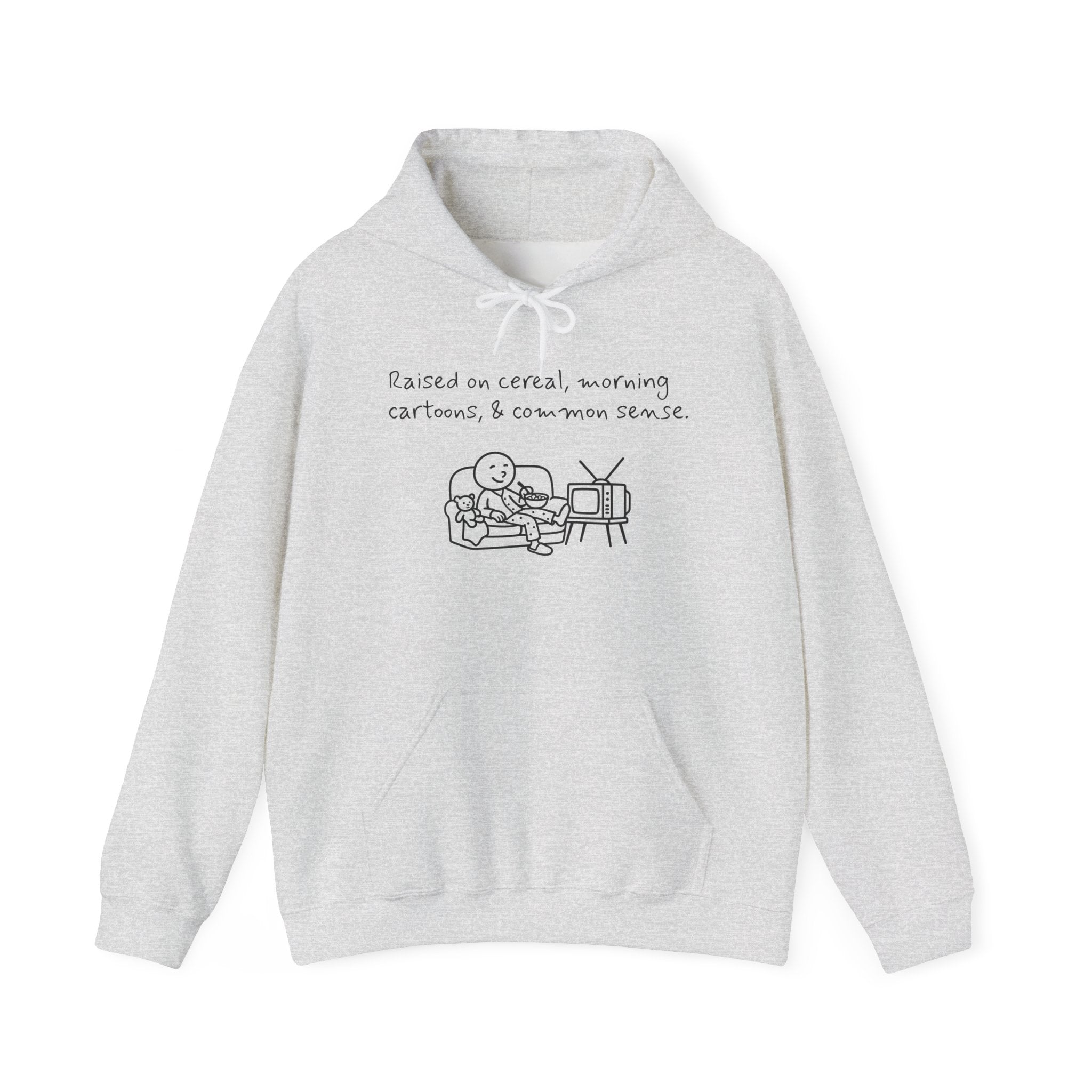 Cartoon & Caption Heavy Blend Hoodie - Raised on Cereal & Morning Cartoons