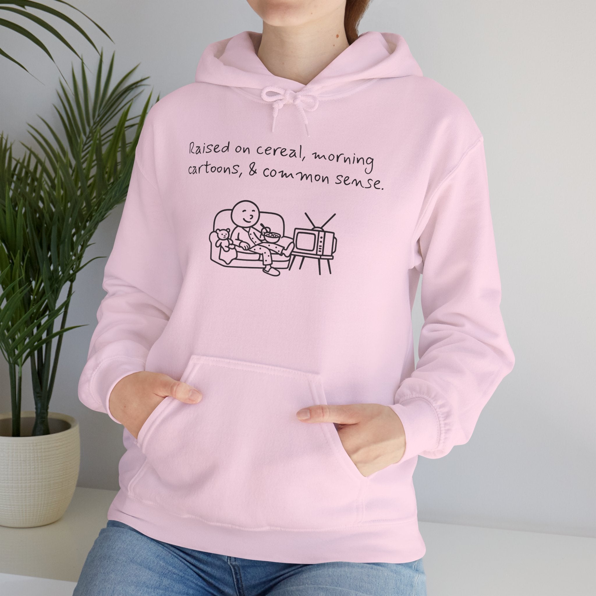 Cartoon & Caption Heavy Blend Hoodie - Raised on Cereal & Morning Cartoons