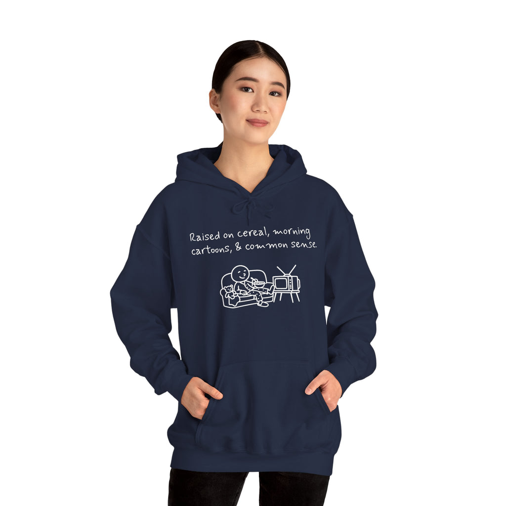 Cartoon & Caption Heavy Blend Hoodie - Raised on Cereal & Morning Cartoons