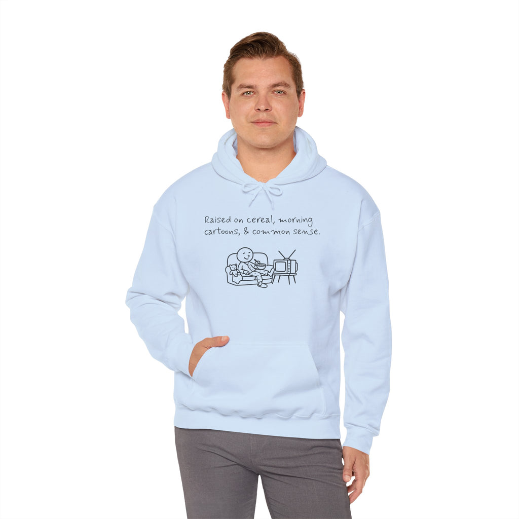 Cartoon & Caption Heavy Blend Hoodie - Raised on Cereal & Morning Cartoons