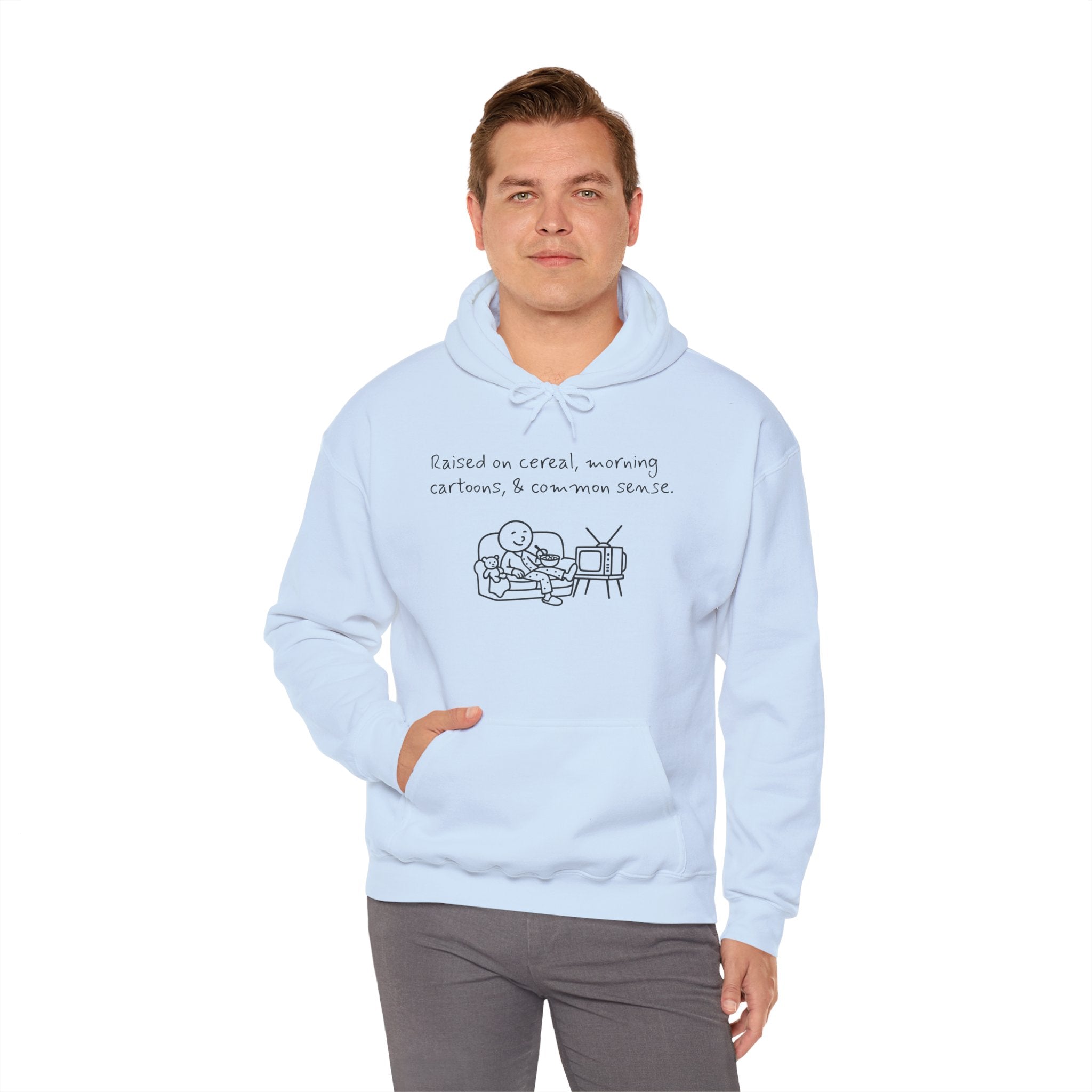 Cartoon & Caption Heavy Blend Hoodie - Raised on Cereal & Morning Cartoons