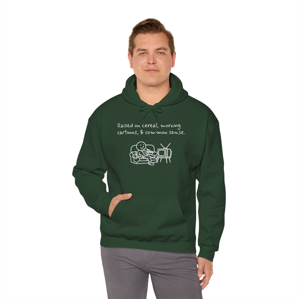 Cartoon & Caption Heavy Blend Hoodie - Raised on Cereal & Morning Cartoons
